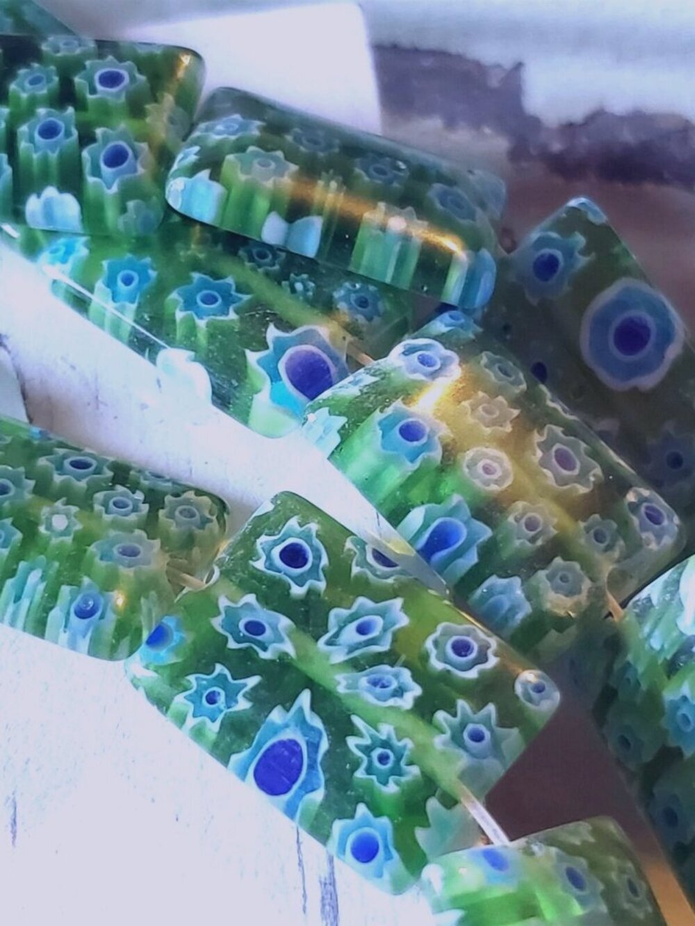 Vintage Millefiori Glass Flower Beads Green Cobalt Blue White Rectangle 6 pcs